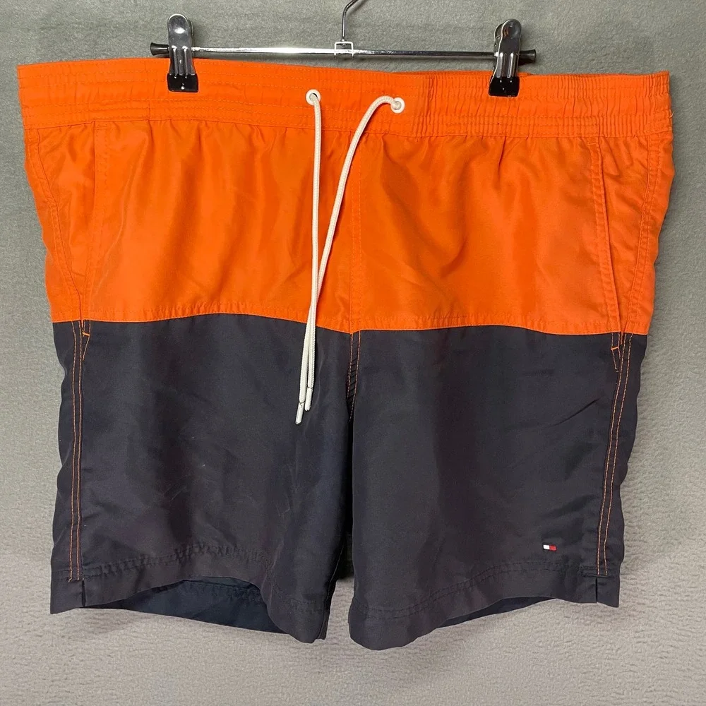 Tommy Hilfiger Swim Trunks Mens L Orange Navy Colorblock‎ Shorts